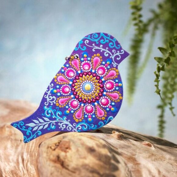 Bird Shaped Mandala Ornament Dot Art: Hand-Painted Acrylic Purple Ornament - Picture 1 of 2